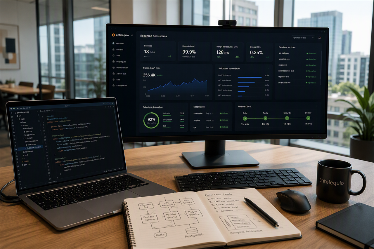Espacio de trabajo con el dashboard de Entelequio, código Java y un diagrama de arquitectura hexagonal