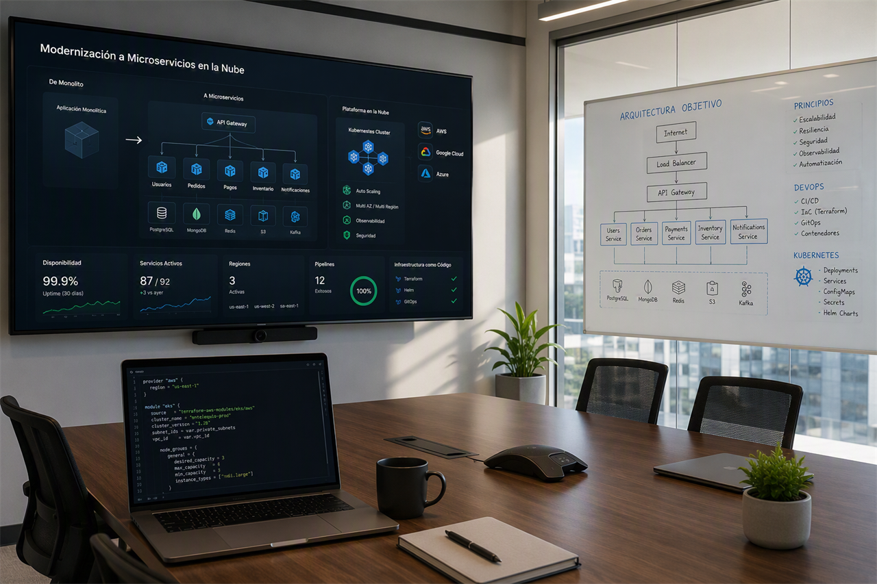 Sala de juntas con una pantalla que muestra la modernización de un monolito a microservicios en la nube (Kubernetes, AWS, Google Cloud, Azure) y un pizarrón con la arquitectura objetivo