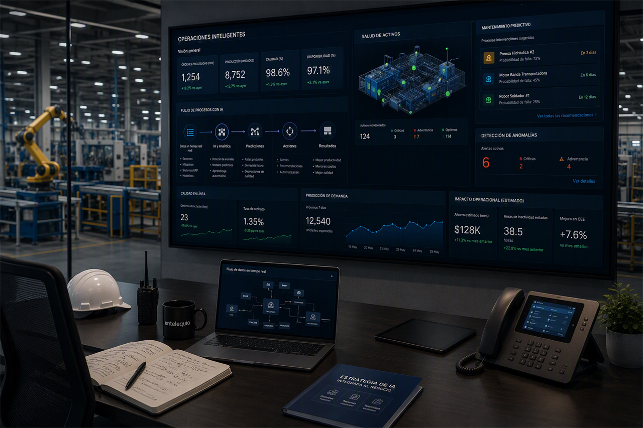 Centro de control con un dashboard de operaciones inteligentes impulsado por IA: mantenimiento predictivo, detección de anomalías y métricas de negocio, frente a una planta de manufactura