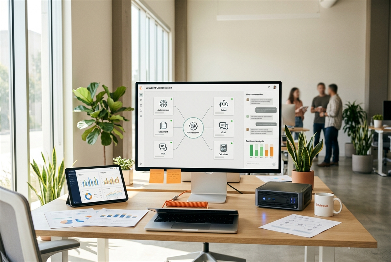 AI workstation with an agent orchestration dashboard and analytics screens